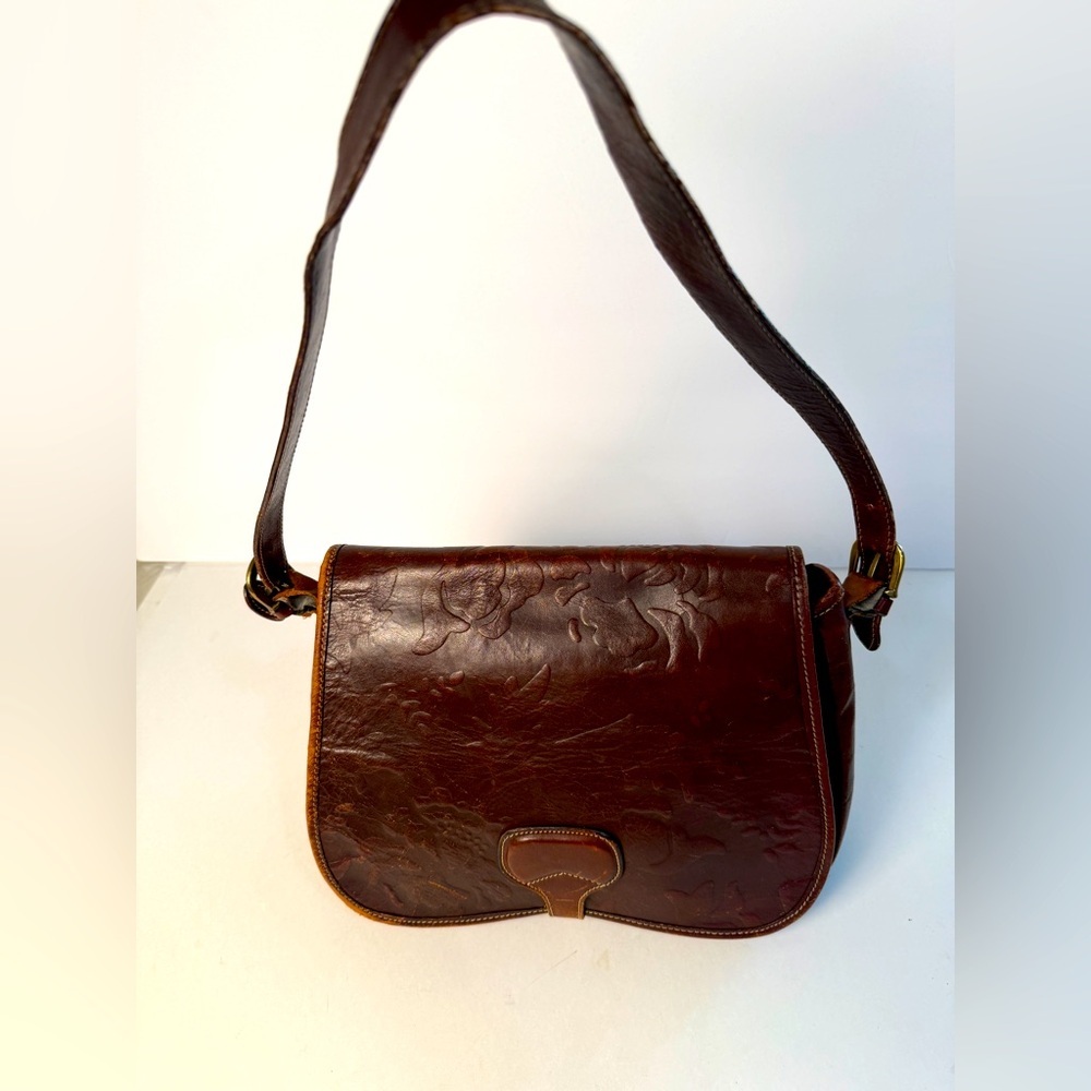 Vintage Christian Brown Leather Shoulder Bag‎ Embossed Snap at Bottom Purse